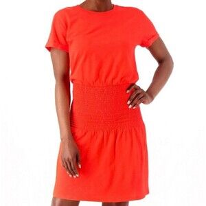 Candace Cameron Bure Red Smocked Cotton Slub Short Sleeve Dress Large Petite